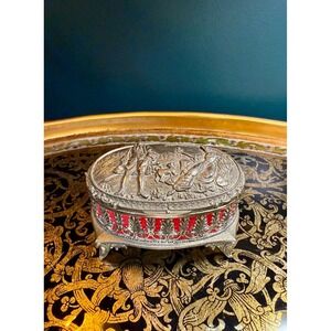 Vintage Metal Jewelry Casket with Red Velvet Interior